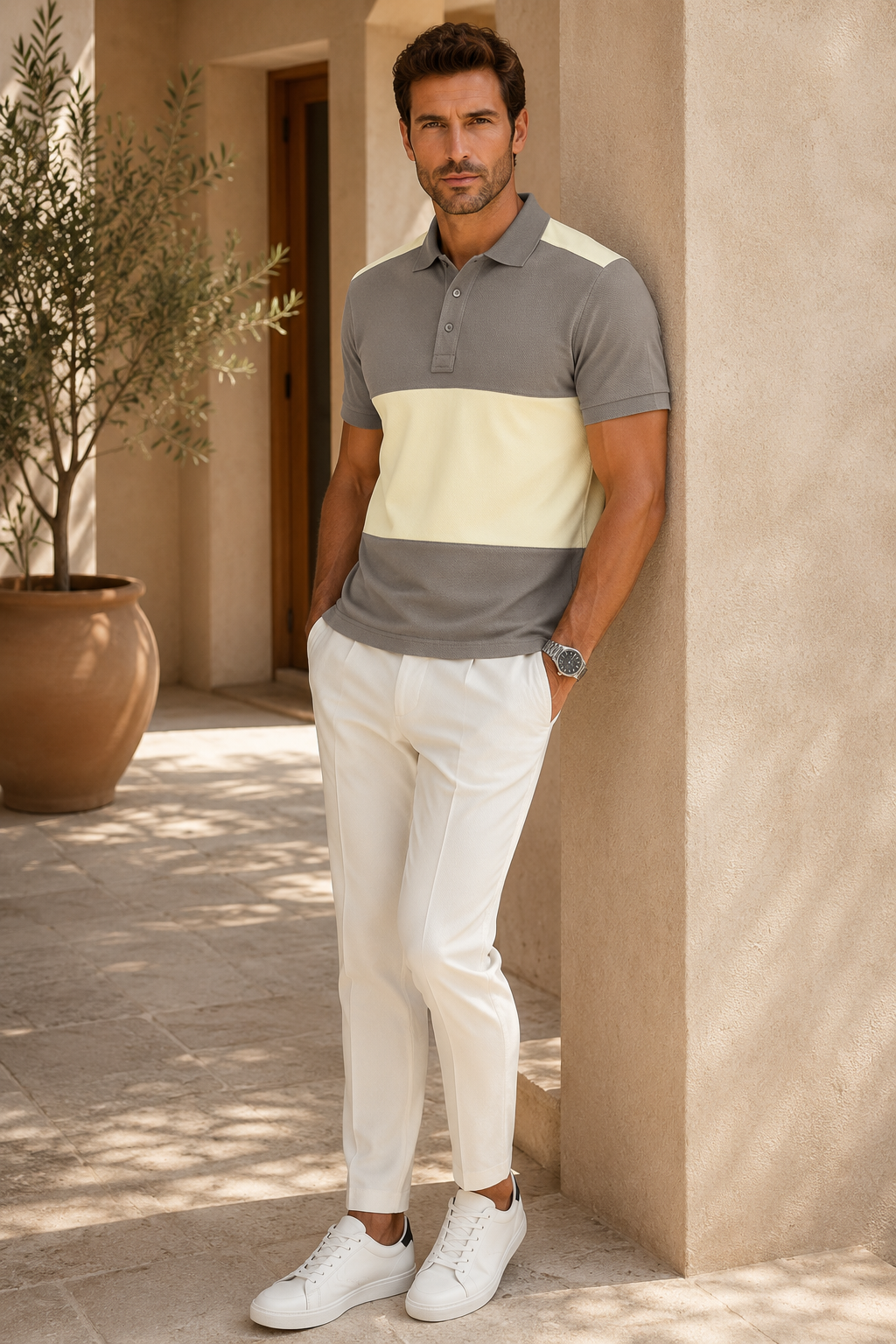 Erkek Taupe Gri Soft Sarı Blok Renk Polo Yaka T-Shirt