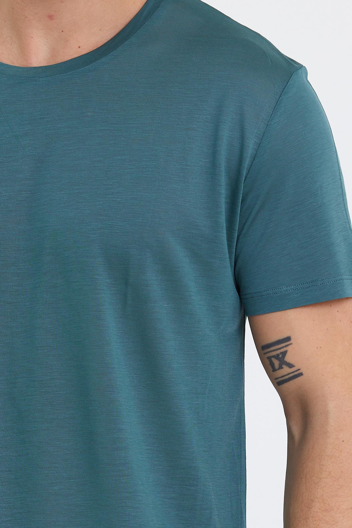 Erkek Tencel Kumaş Bisiklet Yaka T-shirt Nefti
