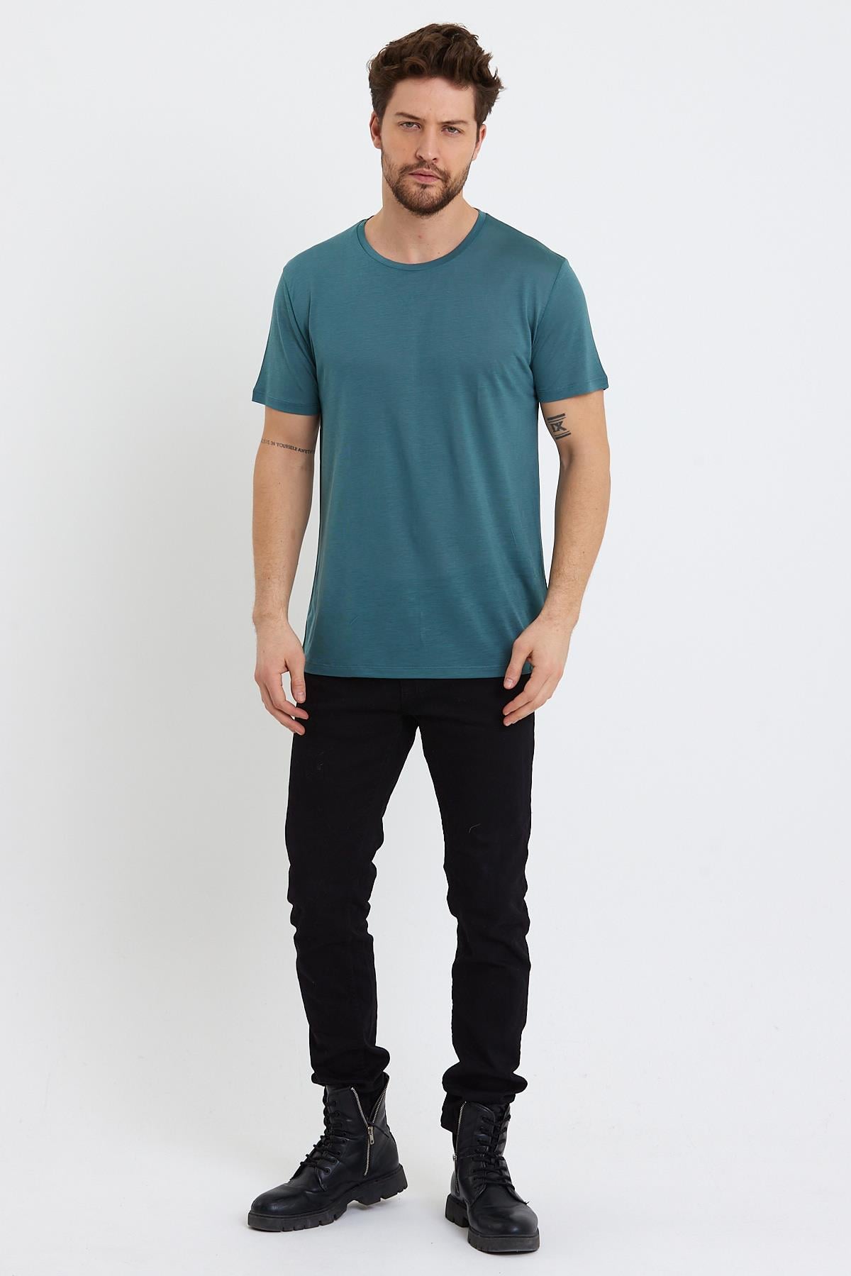 Erkek Tencel Kumaş Bisiklet Yaka T-shirt Nefti