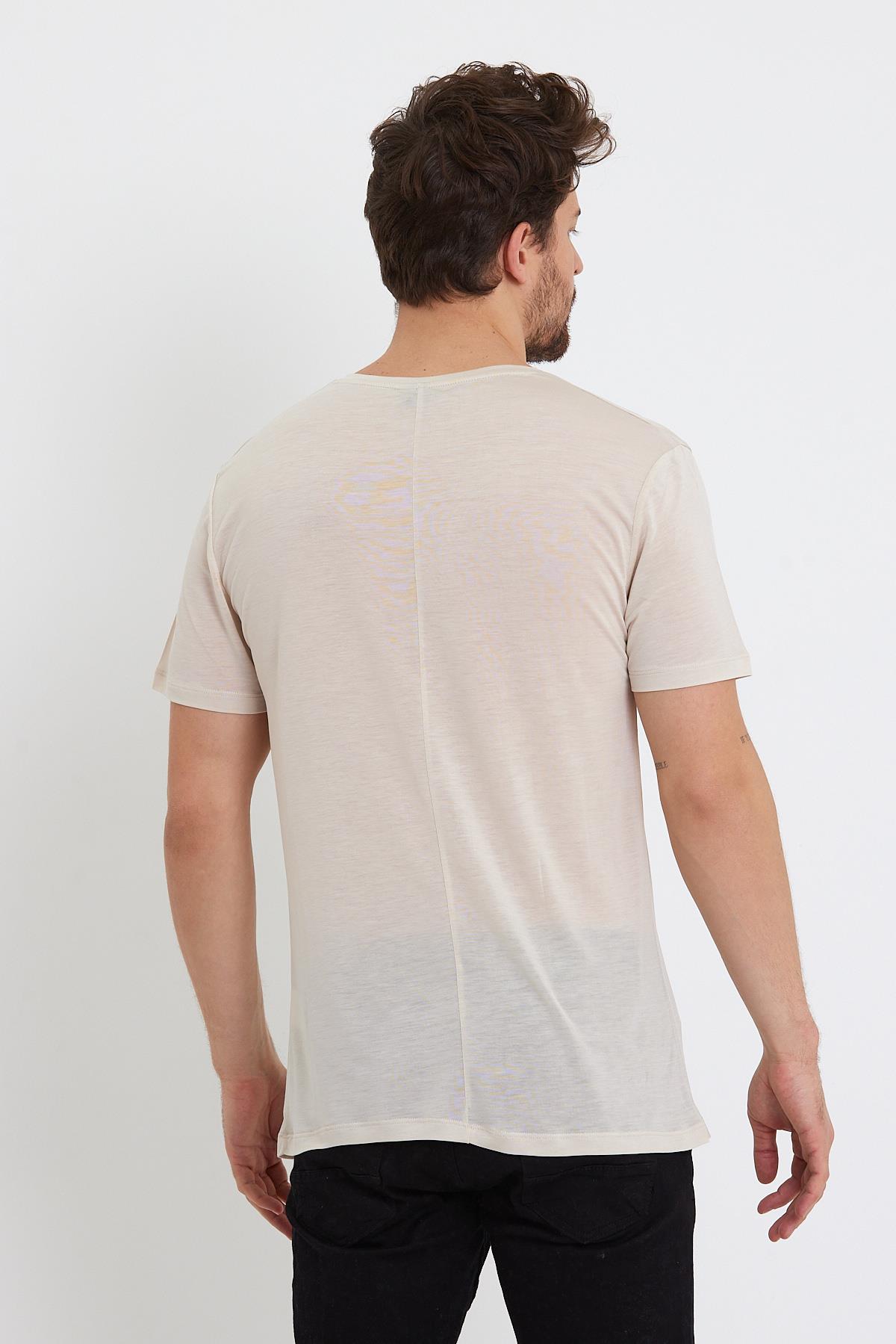 Erkek Tencel Kumaş Bisiklet Yaka T-shirt Taş
