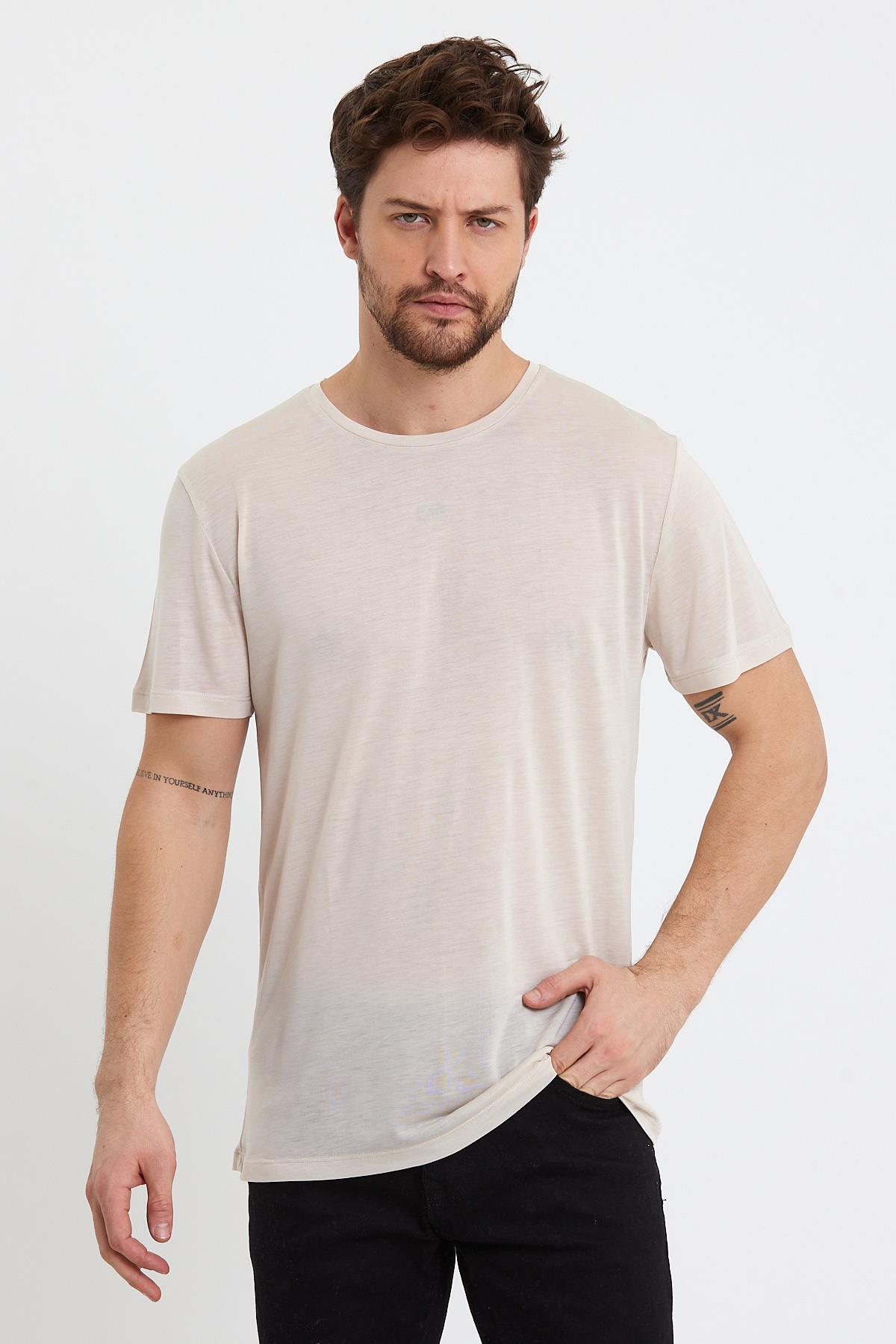 Erkek Tencel Kumaş Bisiklet Yaka T-shirt Taş