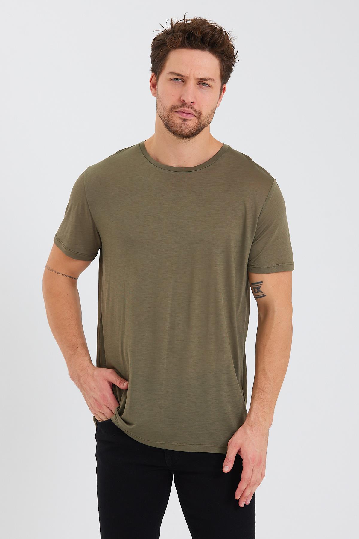 Erkek Tencel Kumaş Bisiklet Yaka T-shirt Haki
