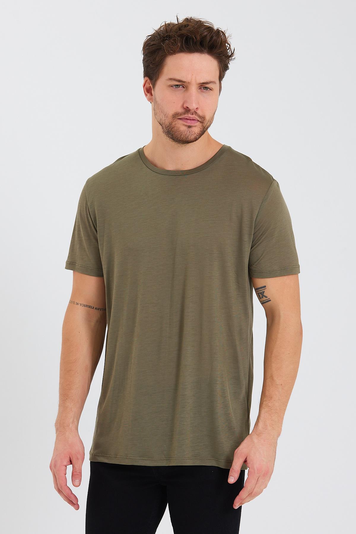 Erkek Tencel Kumaş Bisiklet Yaka T-shirt Haki