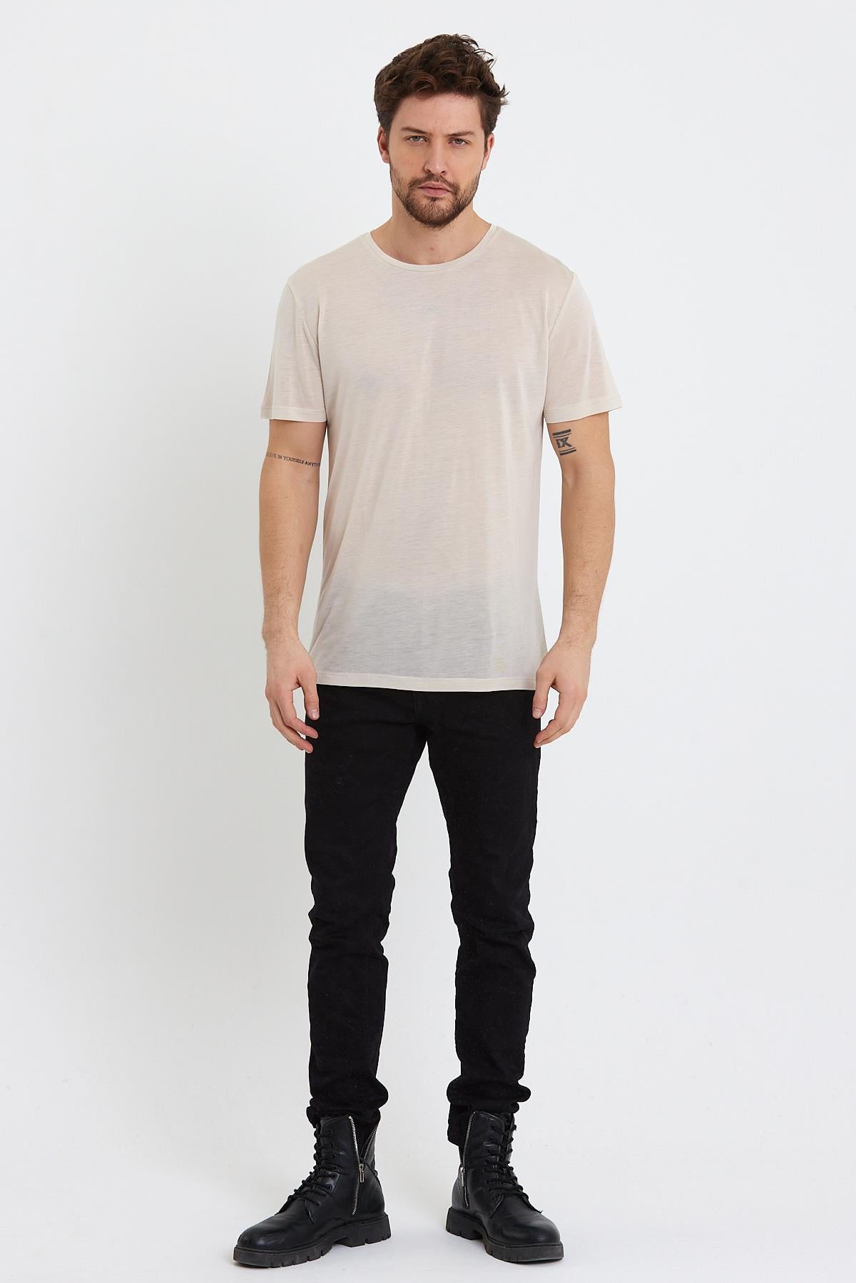 Erkek Tencel Kumaş Bisiklet Yaka T-shirt Taş