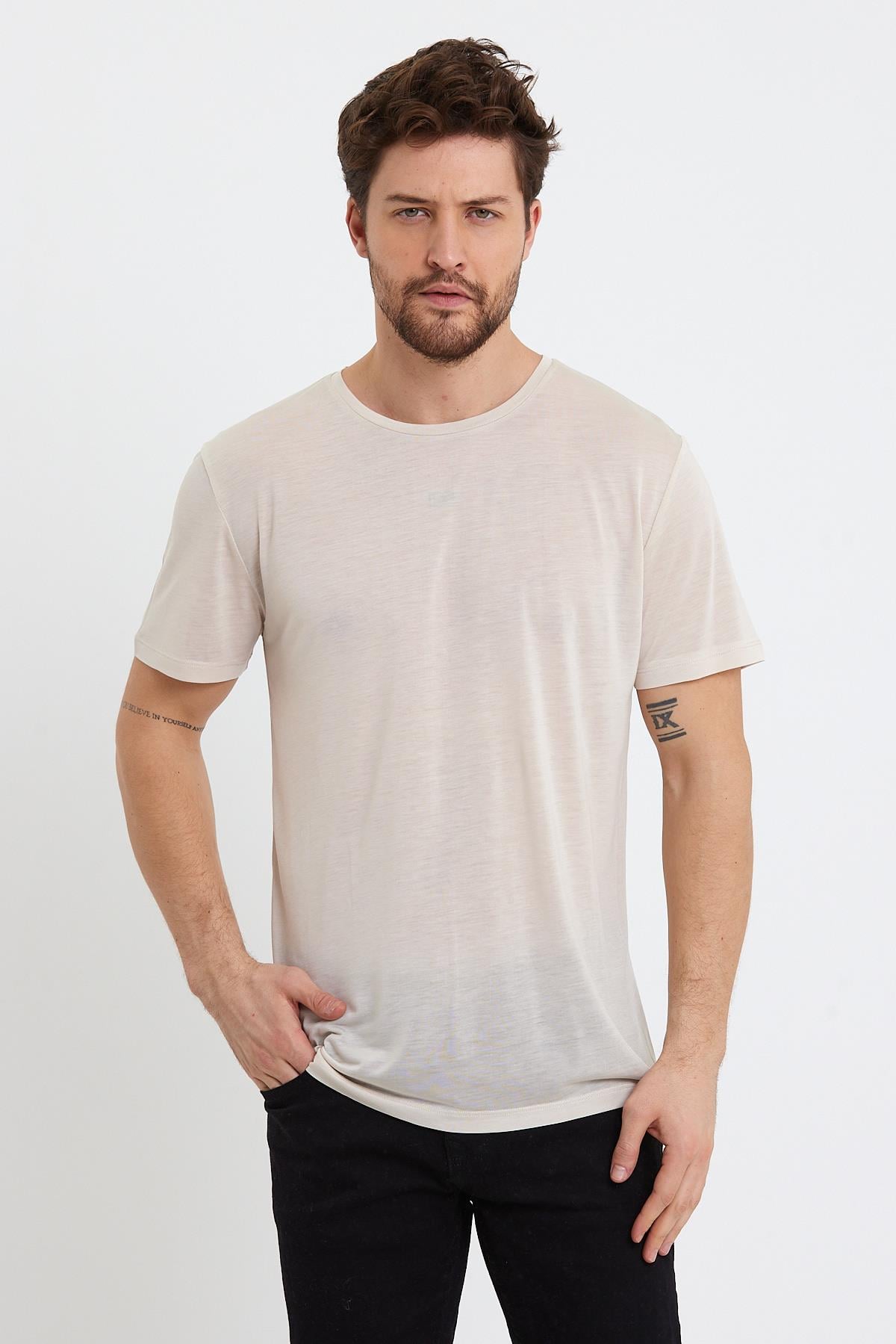 Erkek Tencel Kumaş Bisiklet Yaka T-shirt Taş
