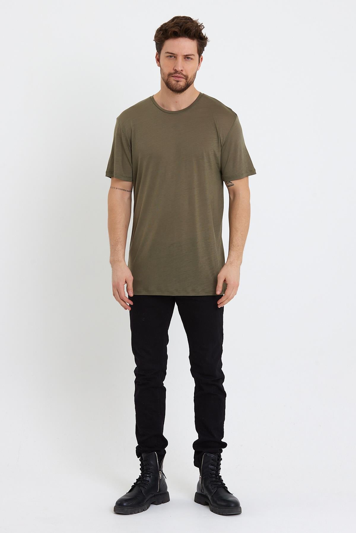 Erkek Tencel Kumaş Oversize T-shırt Haki