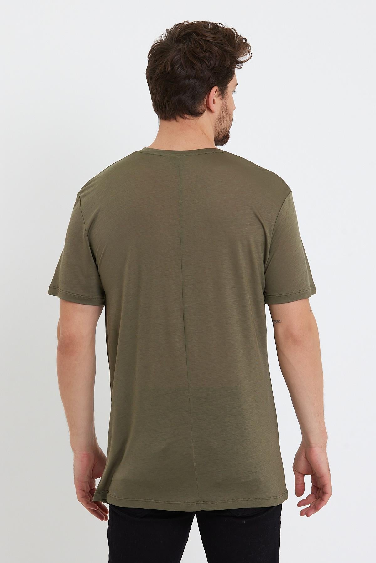 Erkek Tencel Kumaş Oversize T-shırt Haki