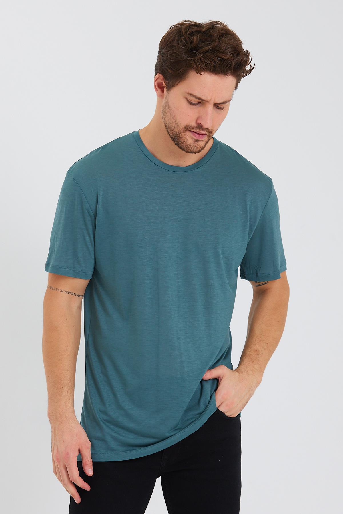 Erkek Tencel Kumaş Oversize T-shırt Nefti