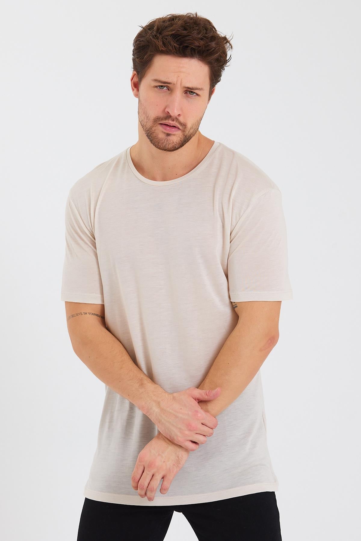 Erkek Tencel Kumaş Oversize T-shırt Taş