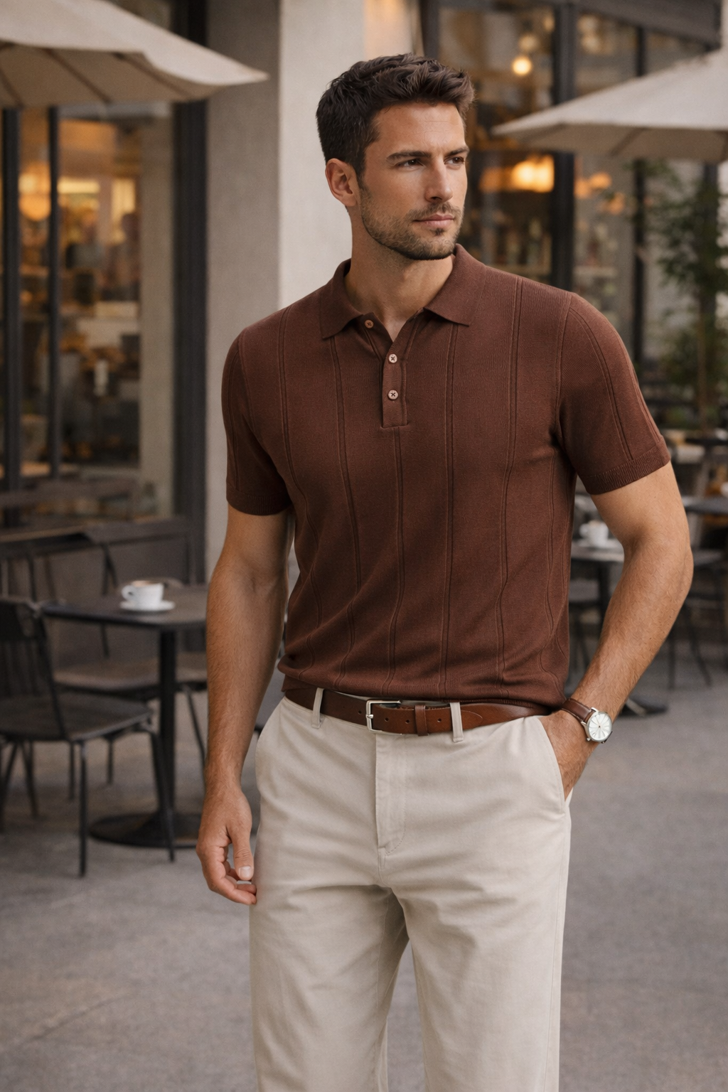 Erkek Triko Polo Yaka Kısa Kollu Dikey Desenli Slim Fit Tişört Kahverengi