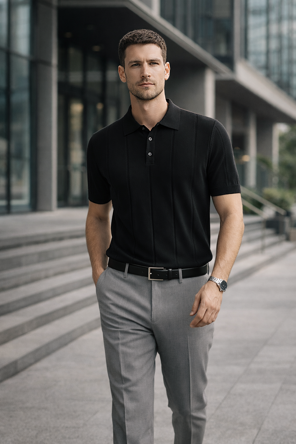 Erkek Triko Polo Yaka Kısa Kollu Dikey Desenli Slim Fit Tişört Siyah