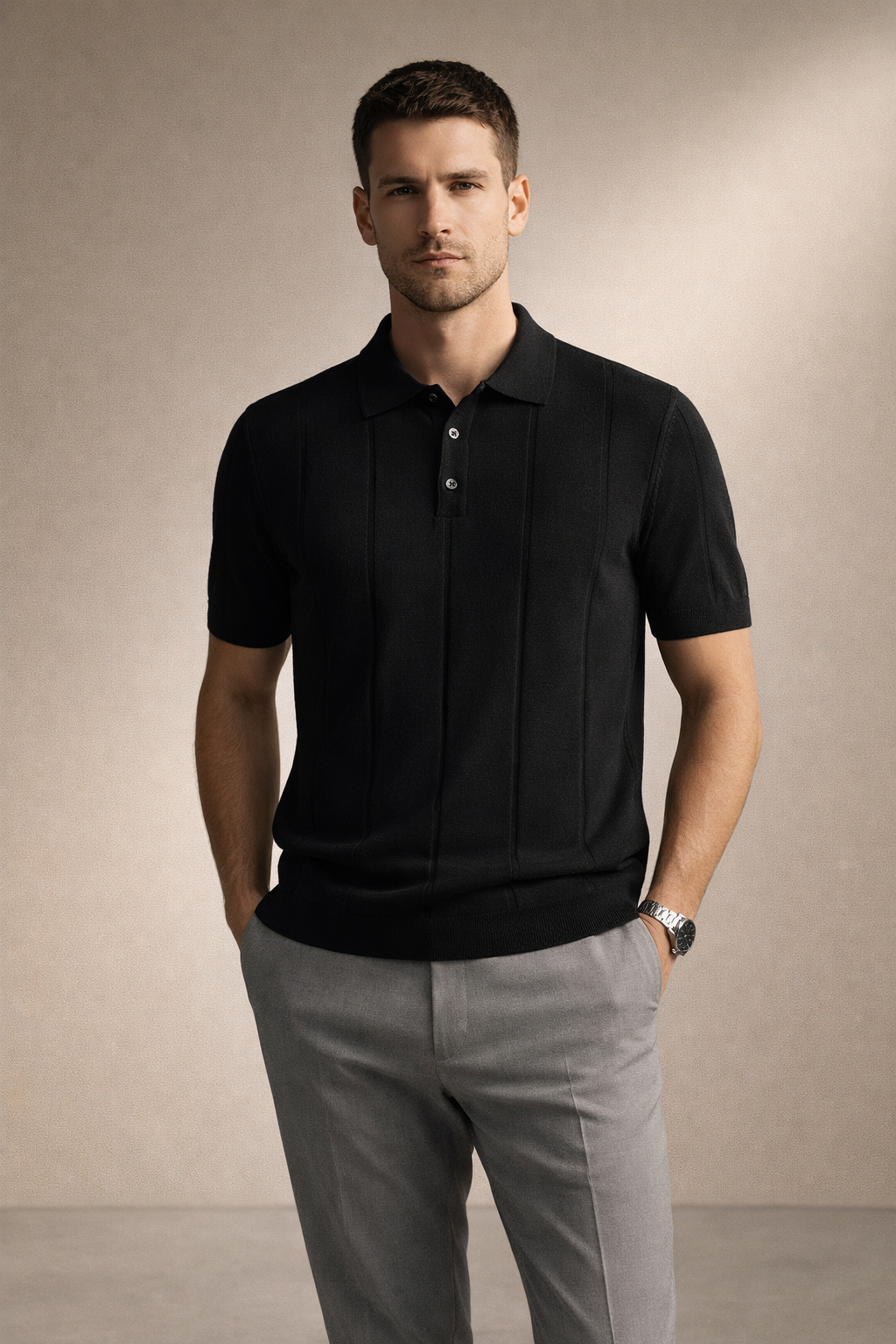Erkek Triko Polo Yaka Kısa Kollu Dikey Desenli Slim Fit Tişört Siyah