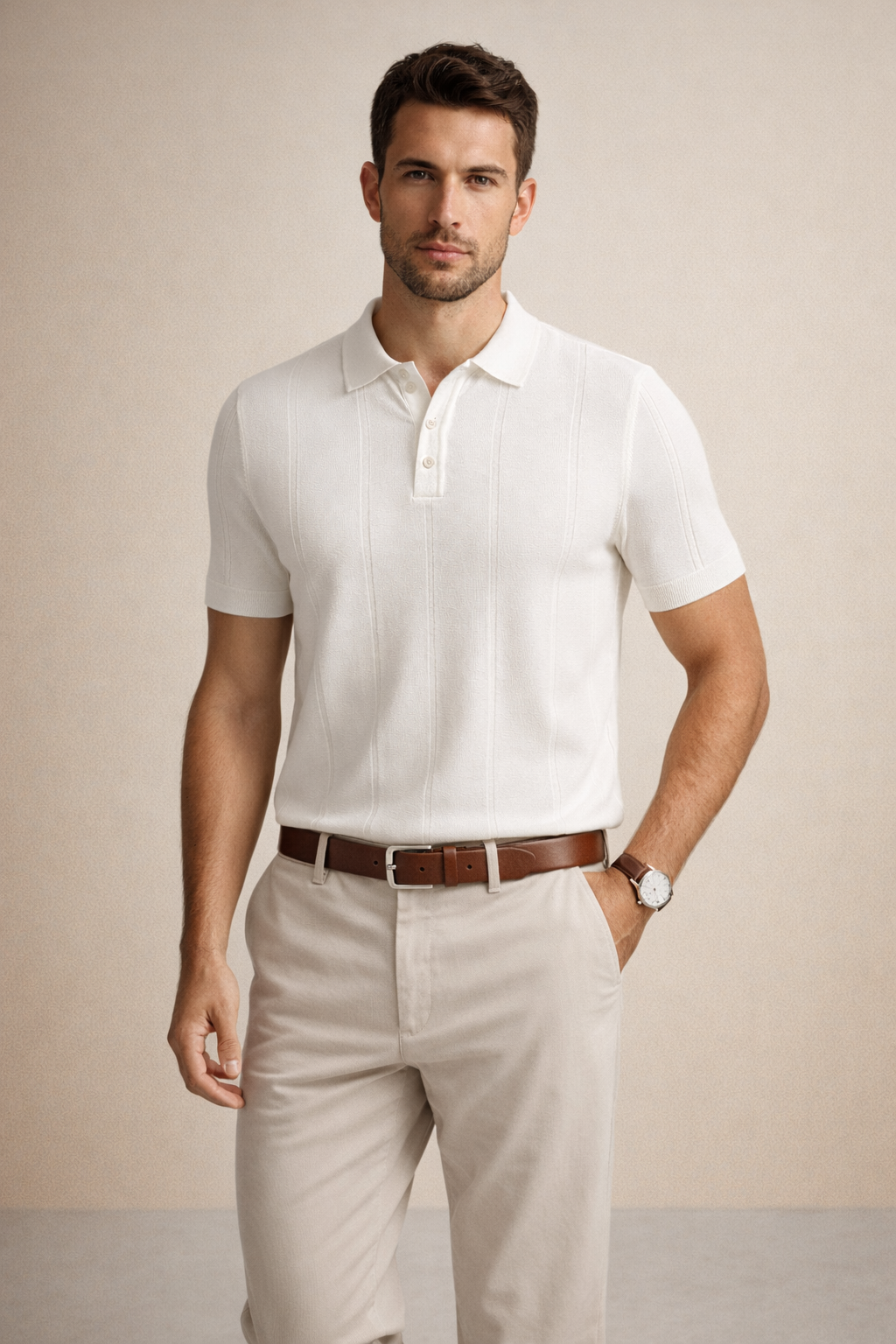 Erkek Triko Polo Yaka Kısa Kollu Dikey Desenli Slim Fit Tişört Ekru