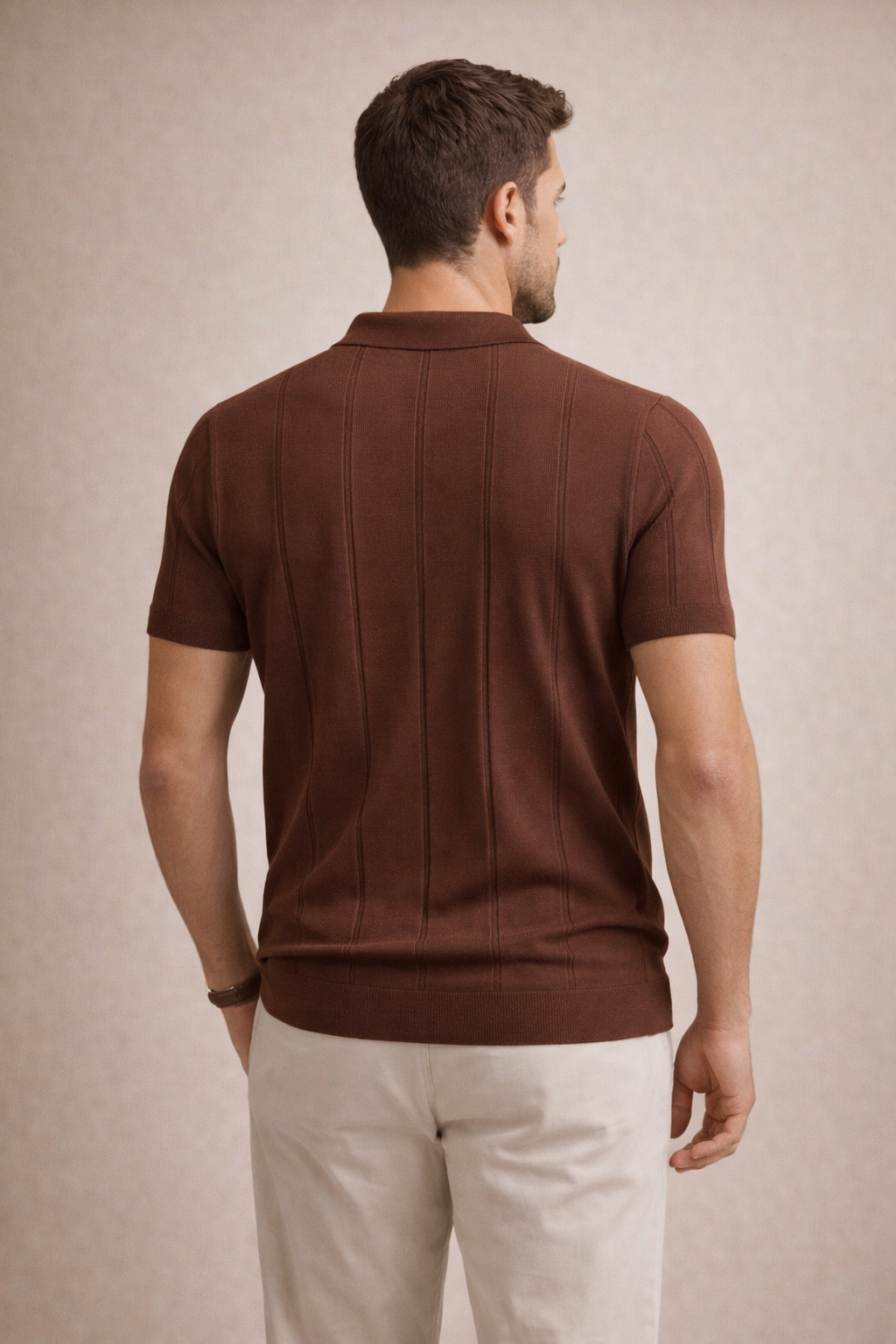 Erkek Triko Polo Yaka Kısa Kollu Dikey Desenli Slim Fit Tişört Kahverengi