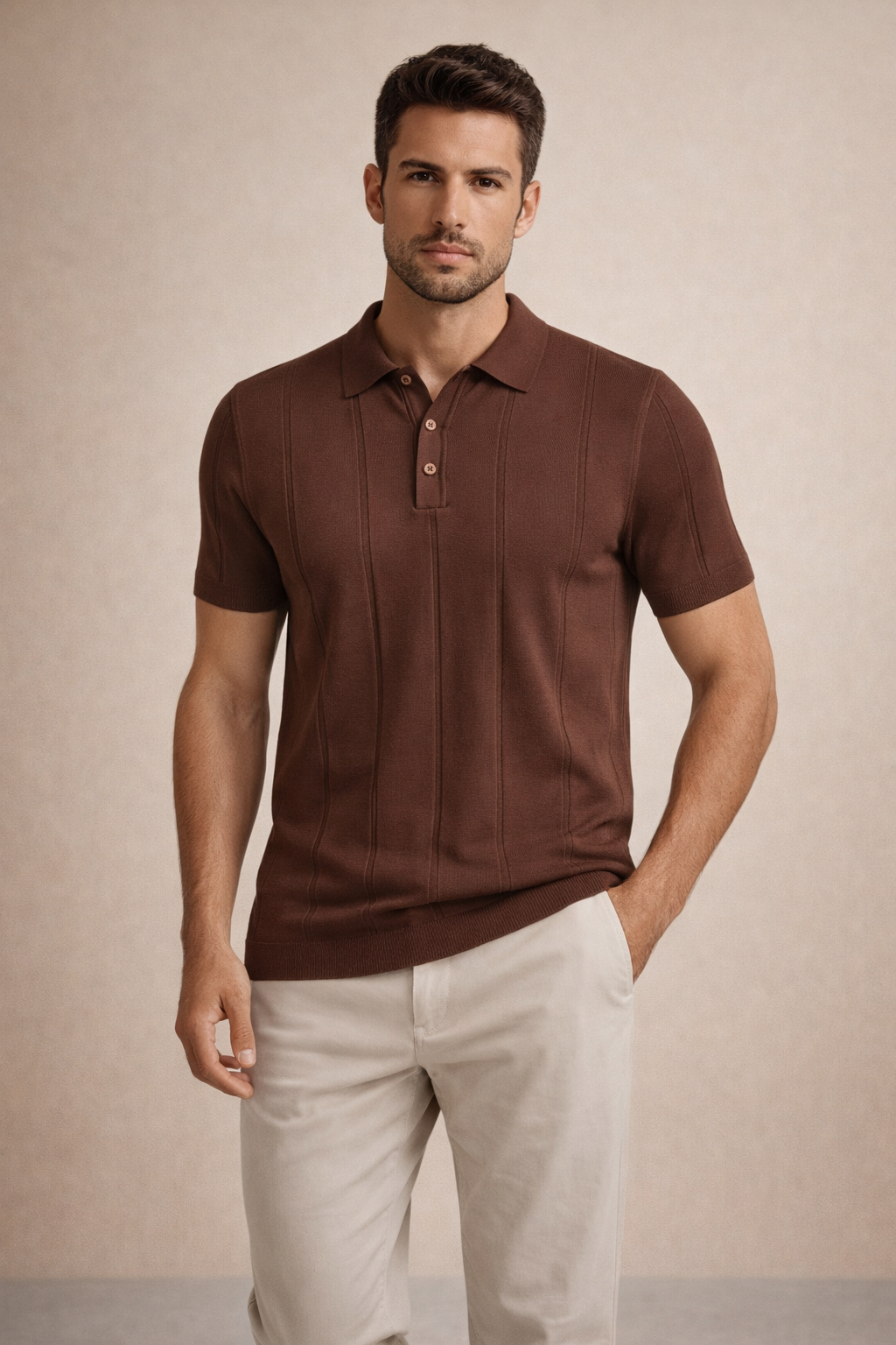 Erkek Triko Polo Yaka Kısa Kollu Dikey Desenli Slim Fit Tişört Kahverengi