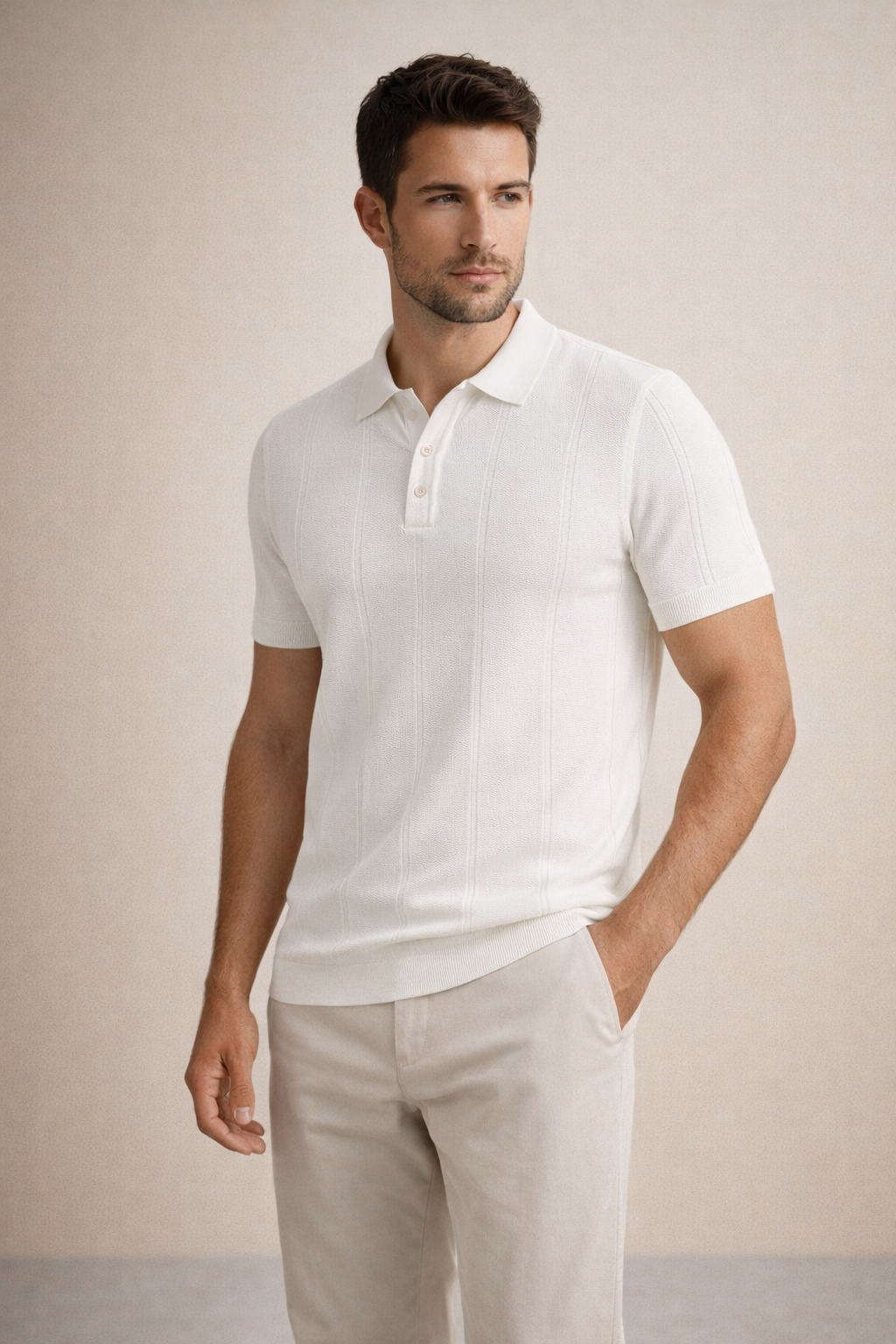 Erkek Triko Polo Yaka Kısa Kollu Dikey Desenli Slim Fit Tişört Ekru