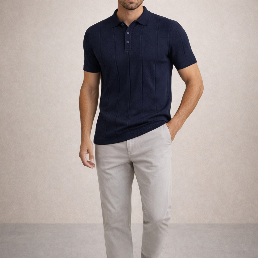 Erkek Triko Polo Yaka Kısa Kollu Dikey Desenli Slim Fit Tişört Lacivert