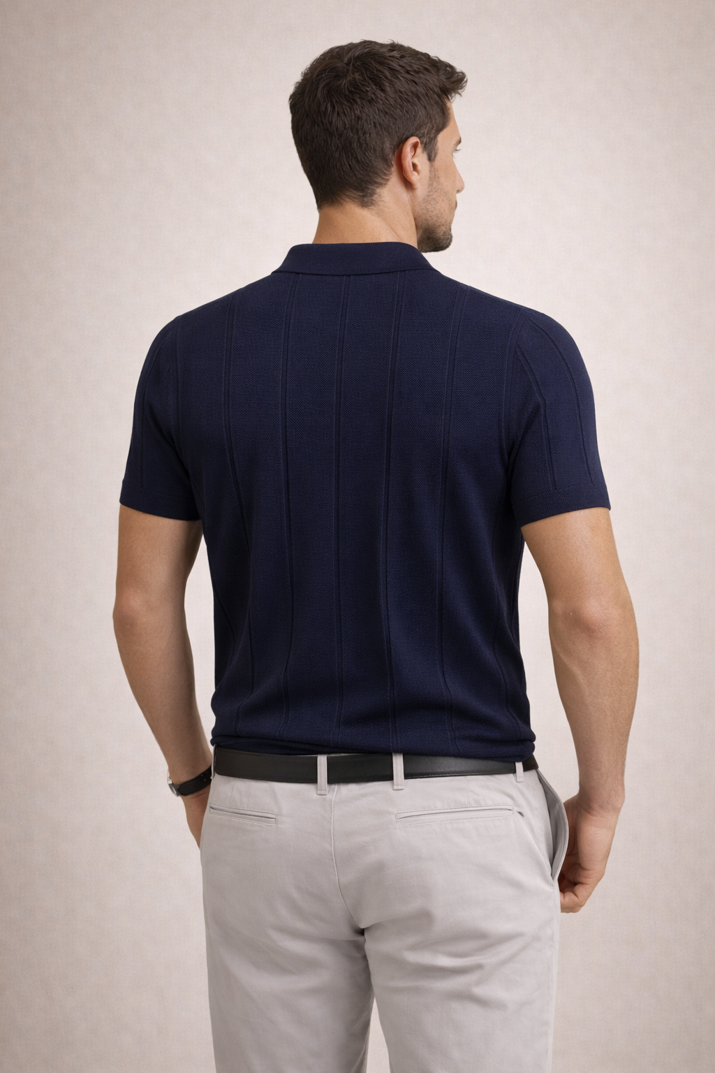 Erkek Triko Polo Yaka Kısa Kollu Dikey Desenli Slim Fit Tişört Lacivert