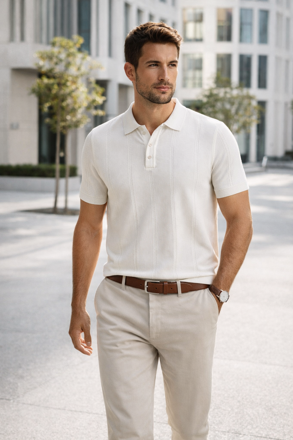 Erkek Triko Polo Yaka Kısa Kollu Dikey Desenli Slim Fit Tişört Ekru