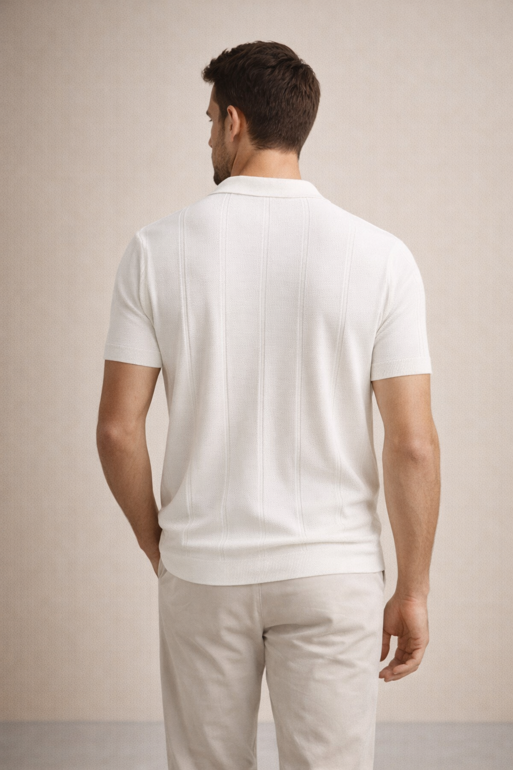 Erkek Triko Polo Yaka Kısa Kollu Dikey Desenli Slim Fit Tişört Ekru