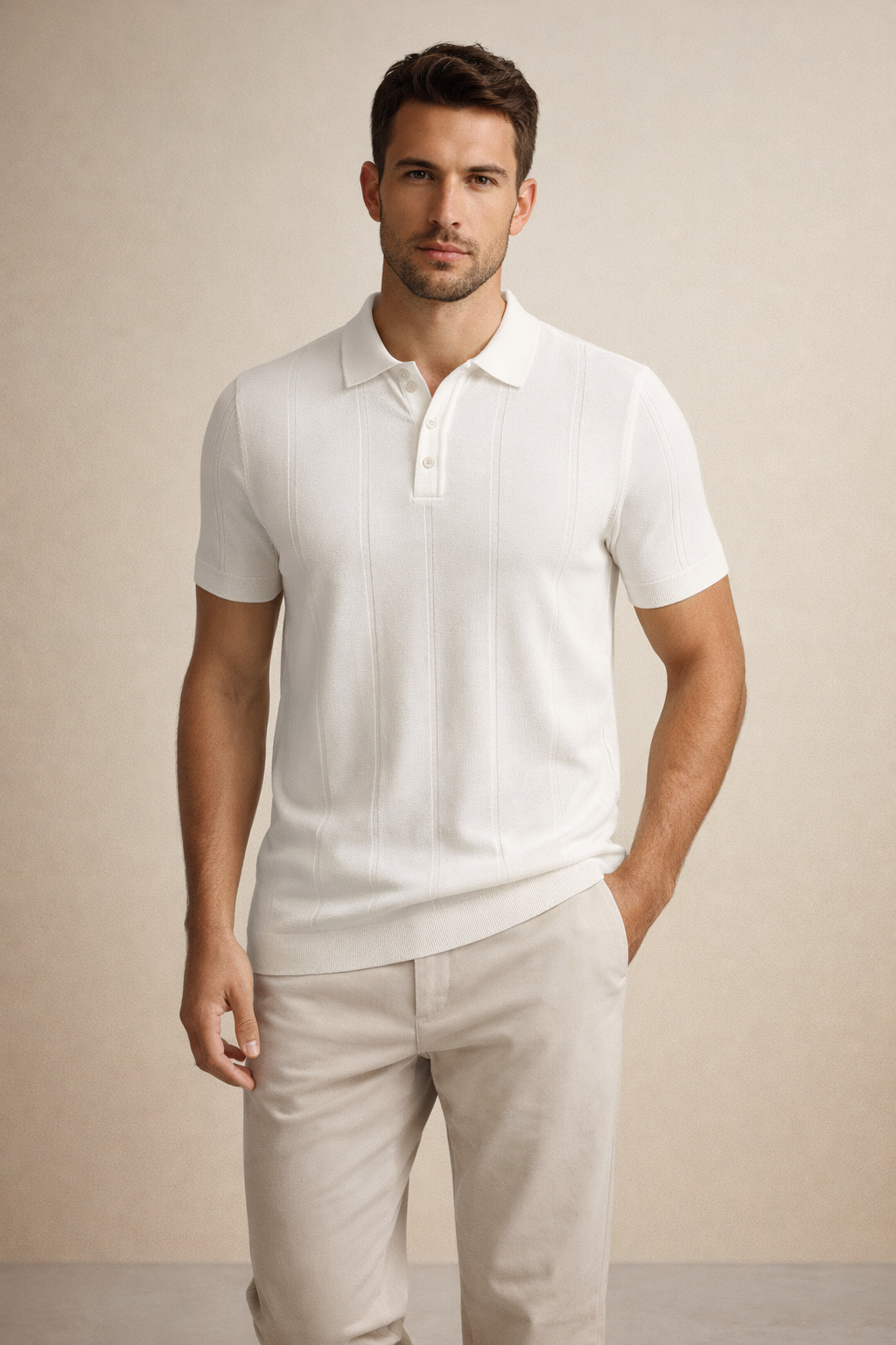 Erkek Triko Polo Yaka Kısa Kollu Dikey Desenli Slim Fit Tişört Ekru