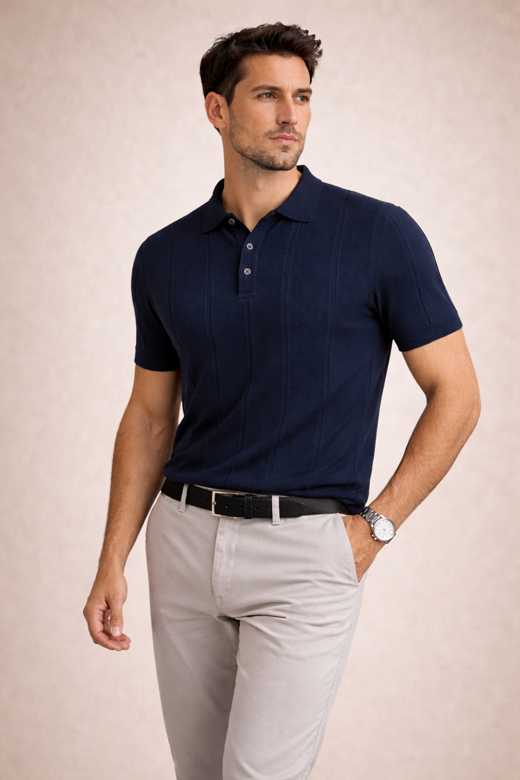Erkek Triko Polo Yaka Kısa Kollu Dikey Desenli Slim Fit Tişört Lacivert