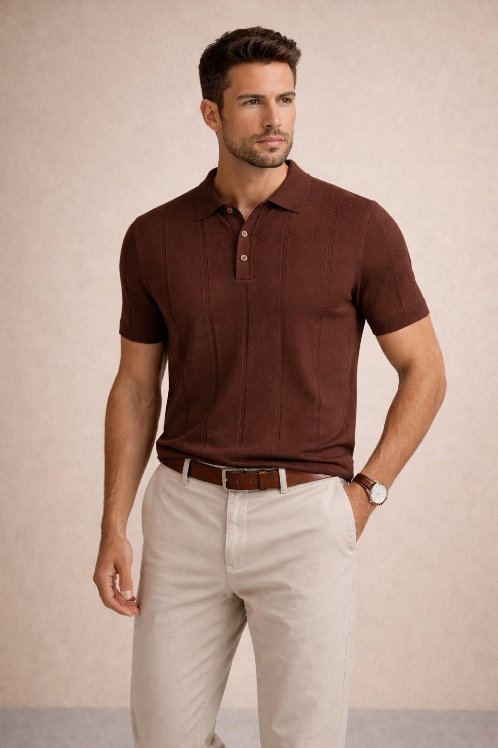 Erkek Triko Polo Yaka Kısa Kollu Dikey Desenli Slim Fit Tişört Kahverengi