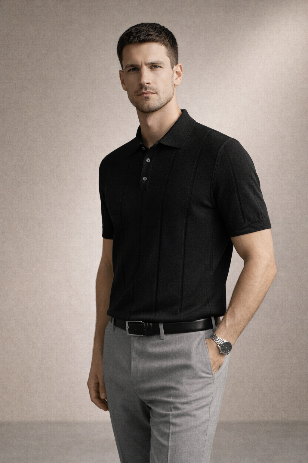 Erkek Triko Polo Yaka Kısa Kollu Dikey Desenli Slim Fit Tişört Siyah