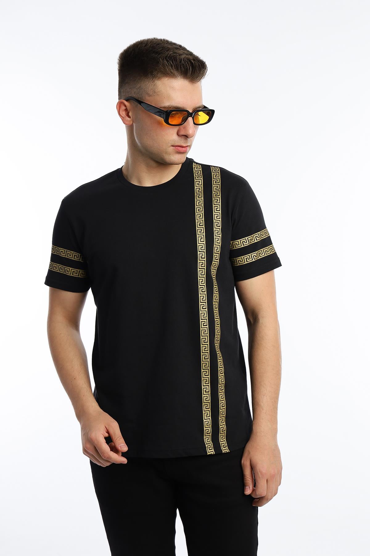 Erkek Yaldız Baskılı Regular Fit Tişört Siyah