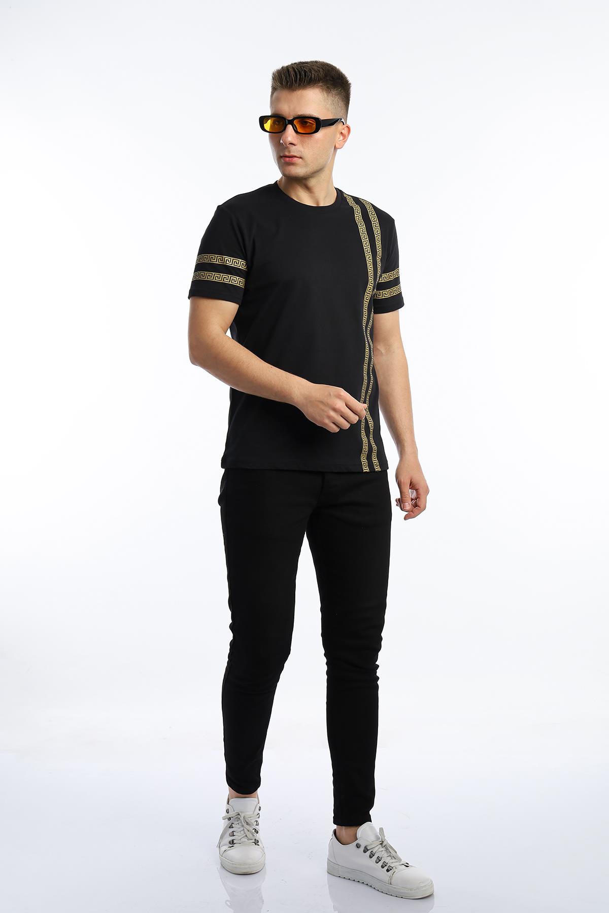 Erkek Yaldız Baskılı Regular Fit Tişört Siyah