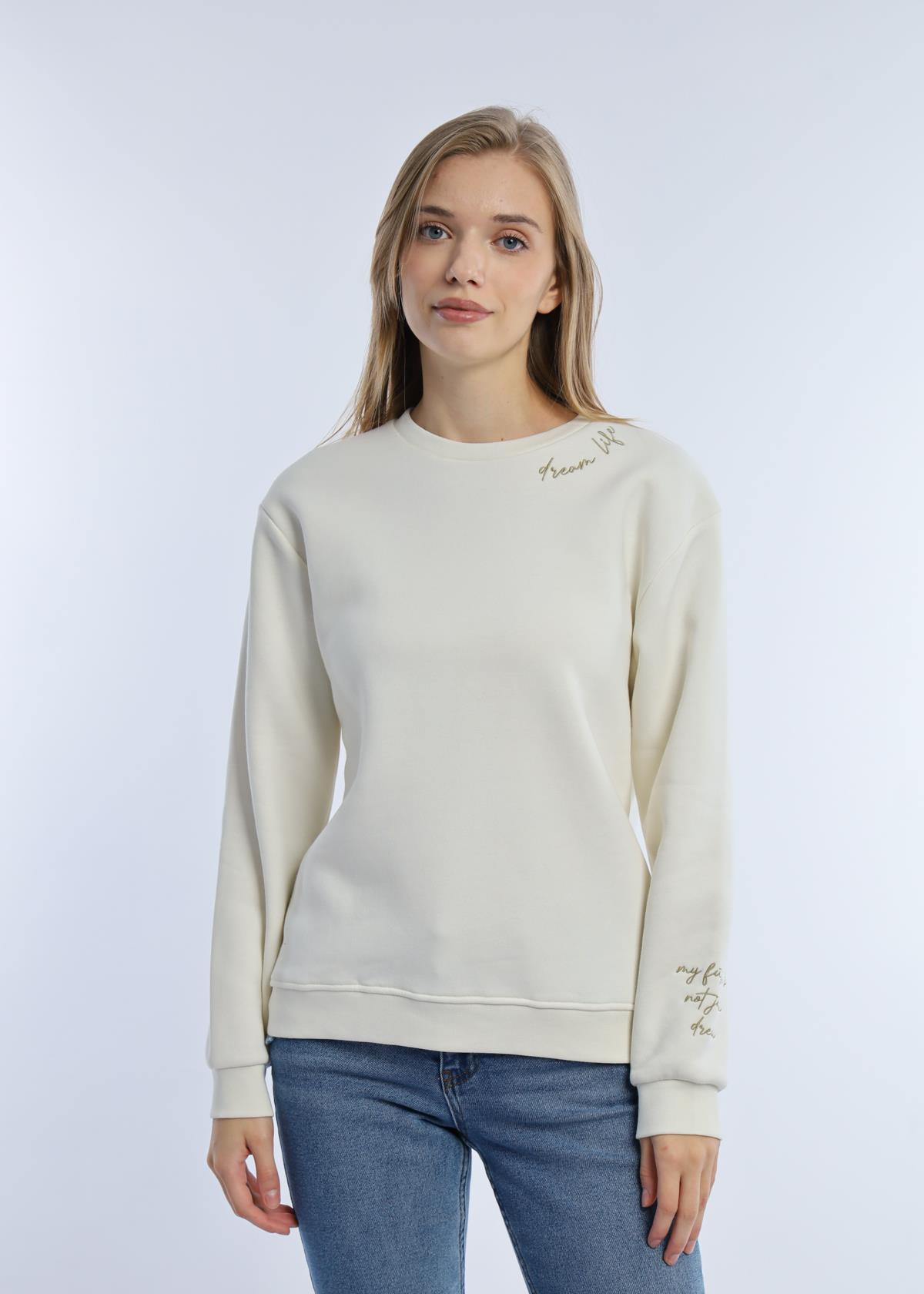 Kadın 3 İplik Şardonlu Bisiklet Yaka Sweatshirt Ekru