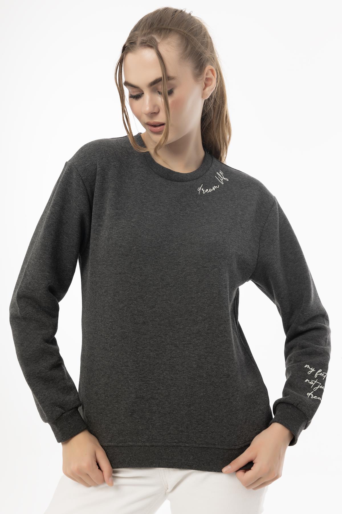 Kadın 3 İplik Şardonlu Bisiklet Yaka Sweatshirt Antrasit Melanj