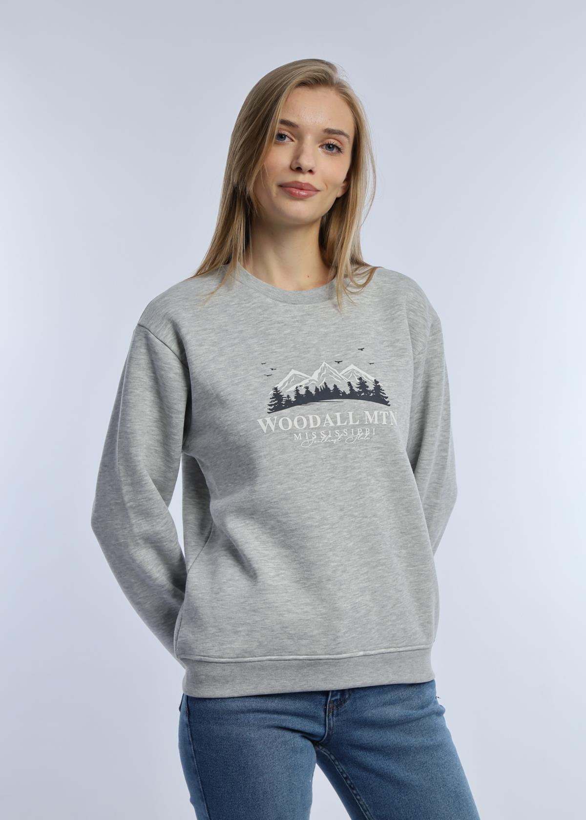 Kadın 3 İplik Şardonlu Woodall Mtn Baskıli Sweatshirt Gri Melanj