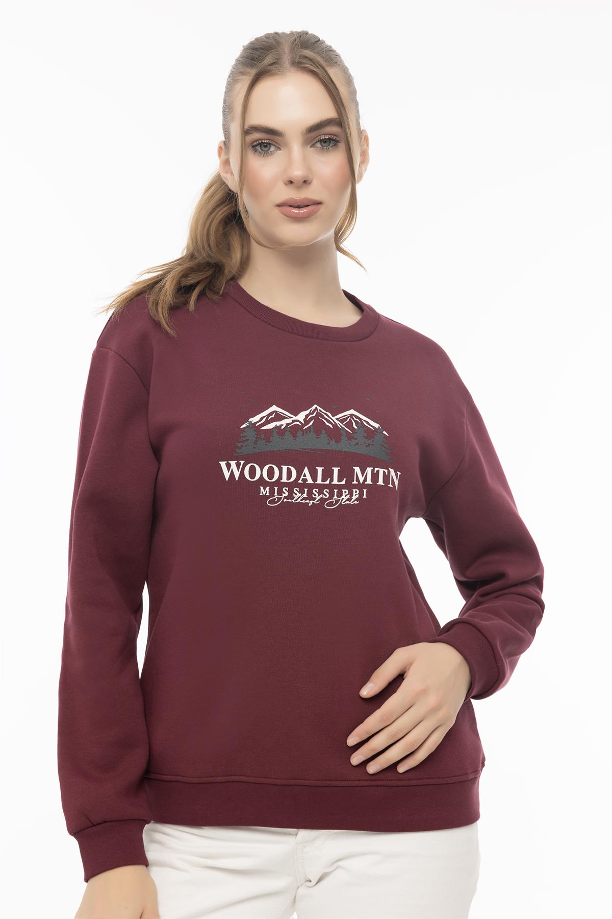 Kadın 3 İplik Şardonlu Woodall Mtn Baskıli Sweatshirt Bordo