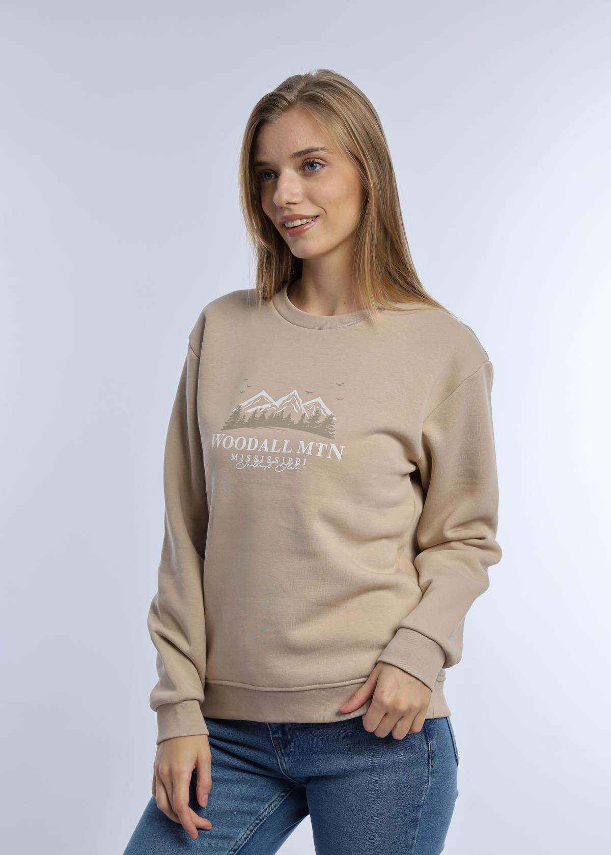 Kadın 3 İplik Şardonlu Woodall Mtn Baskıli Sweatshirt Bej