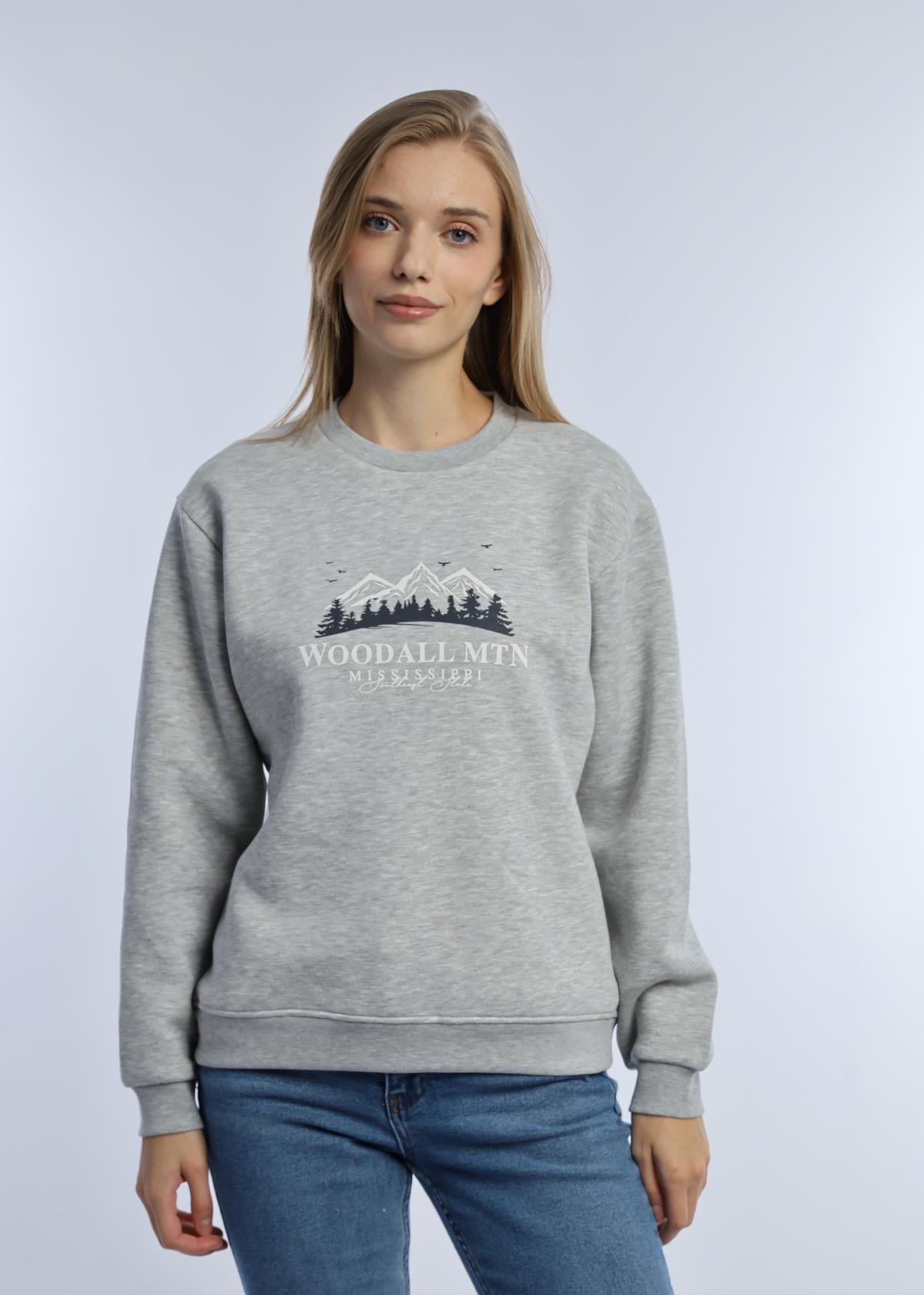 Kadın 3 İplik Şardonlu Woodall Mtn Baskıli Sweatshirt Gri Melanj
