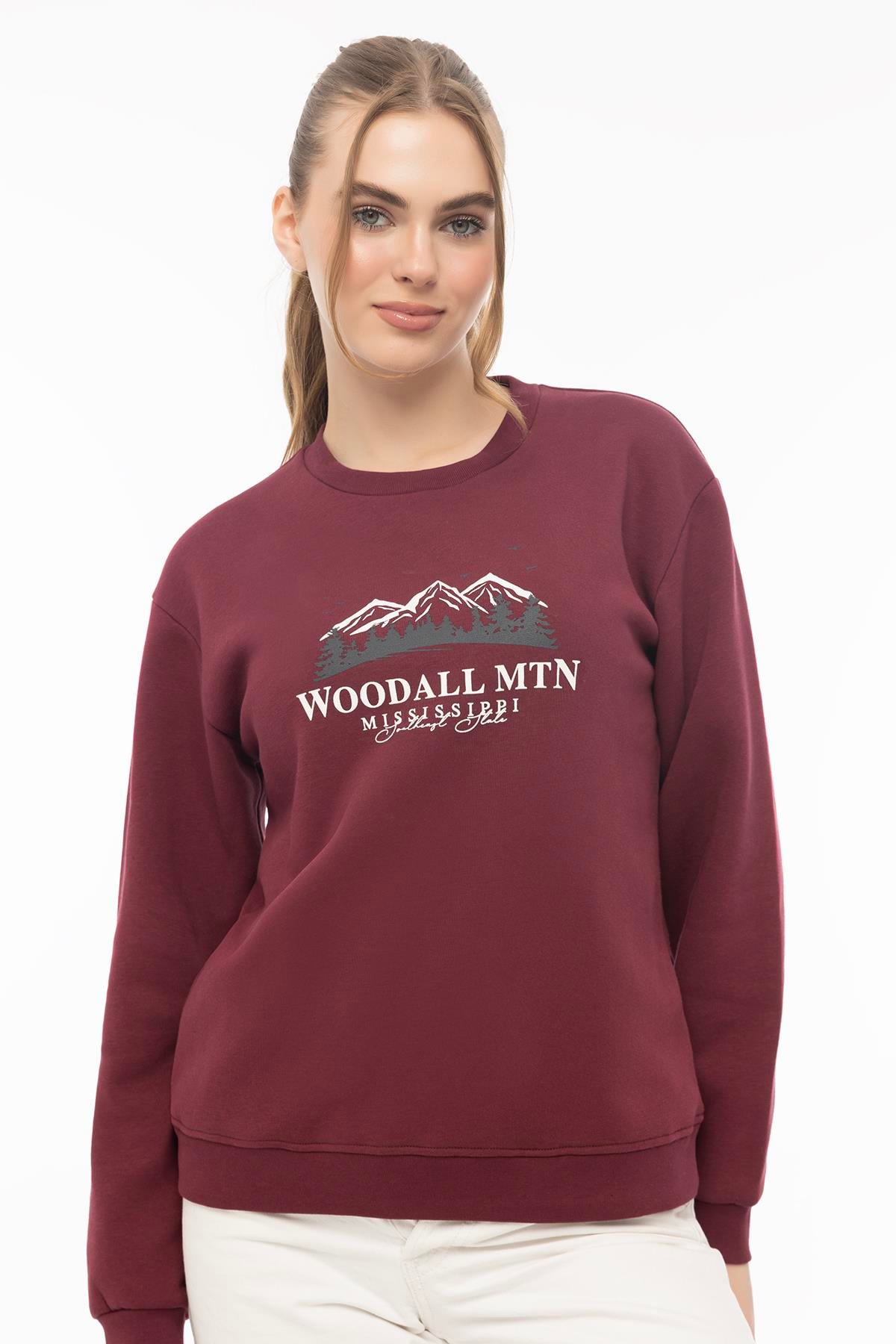 Kadın 3 İplik Şardonlu Woodall Mtn Baskıli Sweatshirt Bordo
