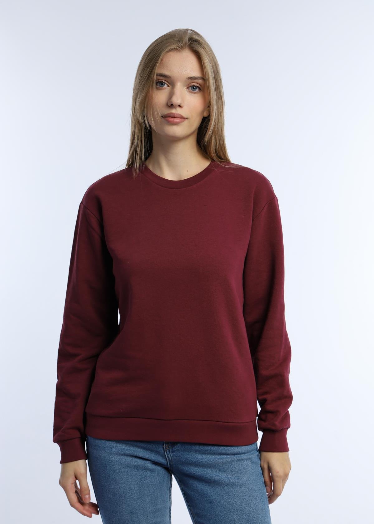 Kadın 3 İplik Şardonsuz Bisiklet Yaka Sweatshirt Bordo