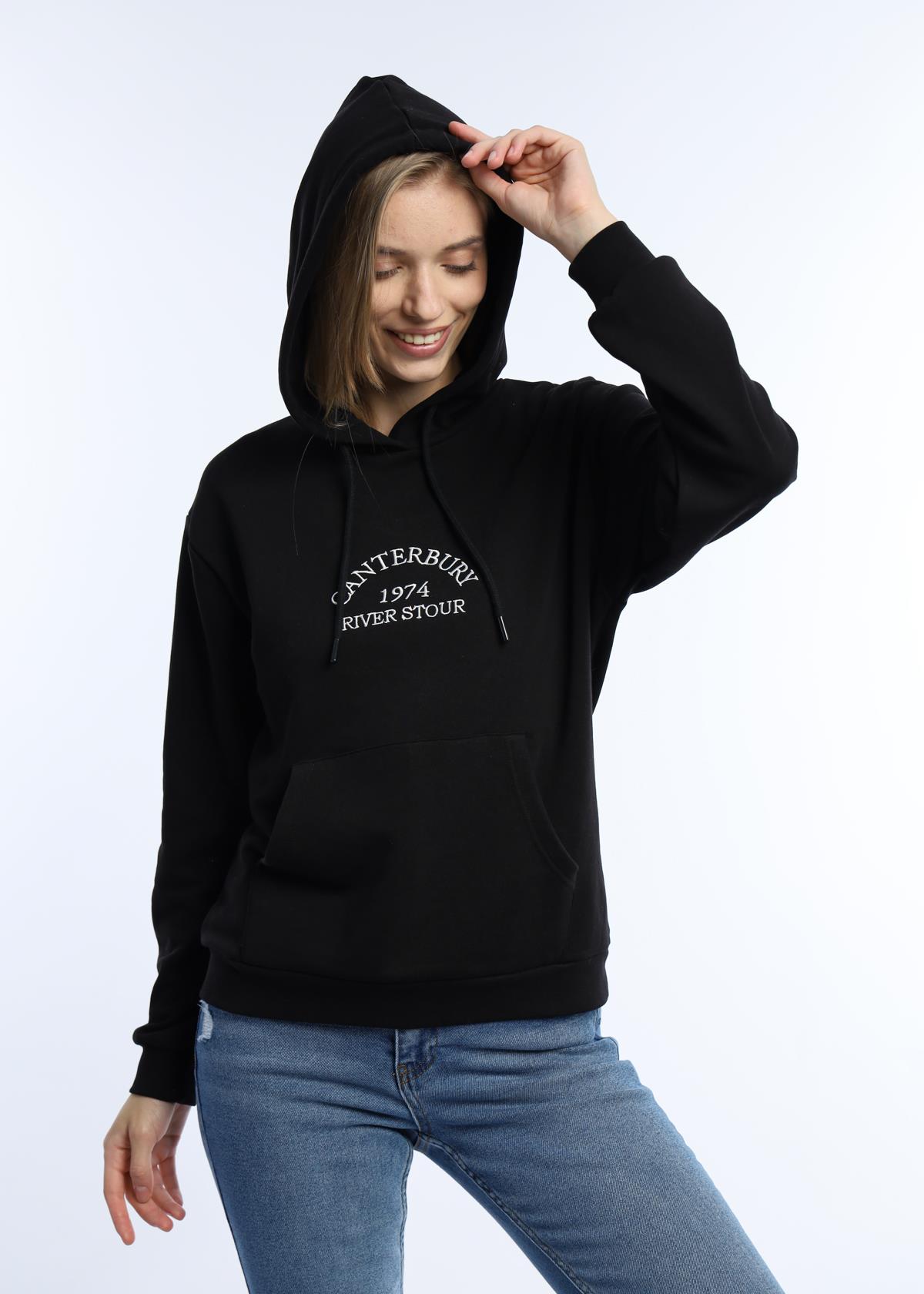 Kadın 3 İplik Şardonsuz Kapüşonlu Sweatshirt Siyah