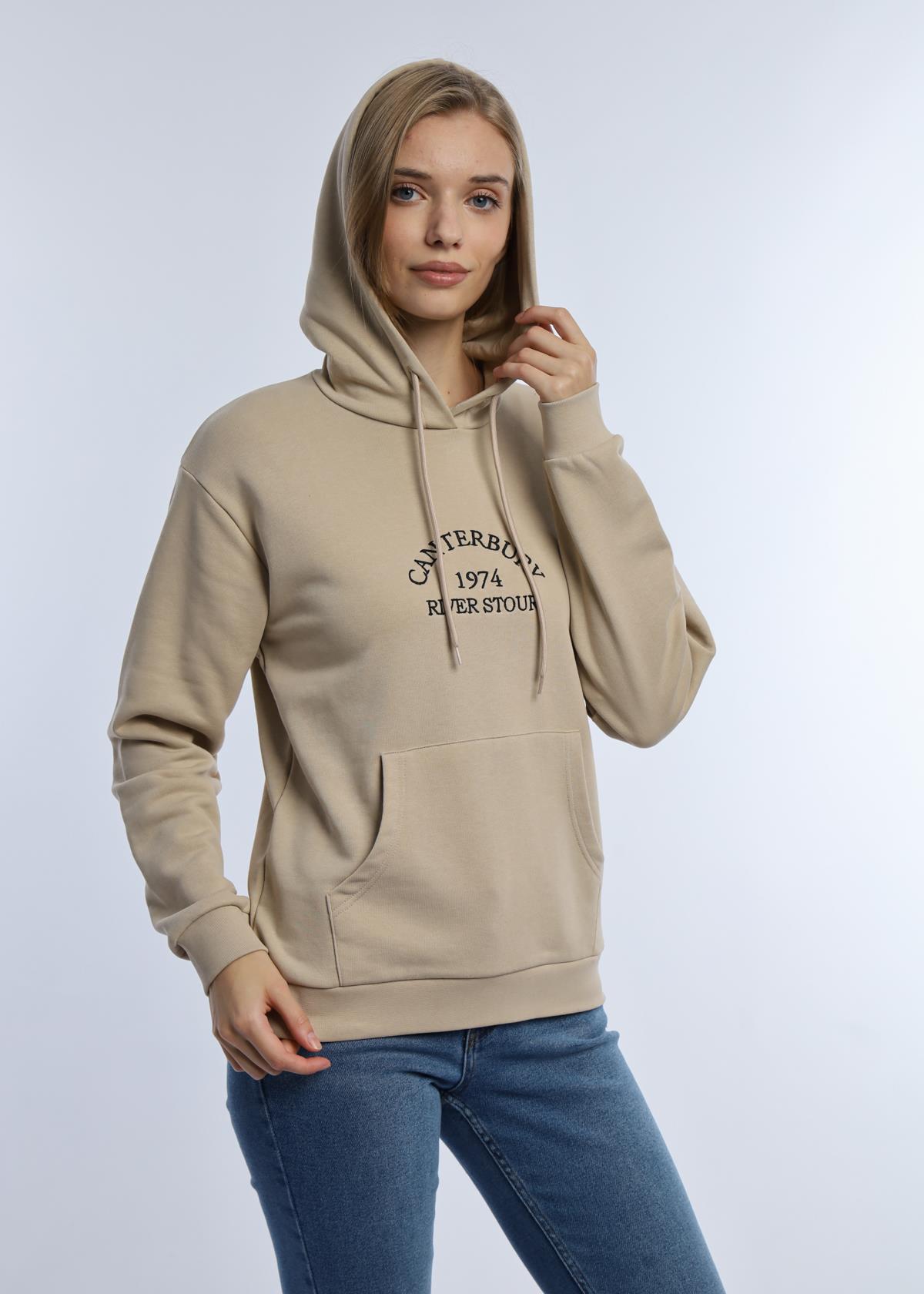 Kadın 3 İplik Şardonsuz Kapüşonlu Sweatshirt Bej