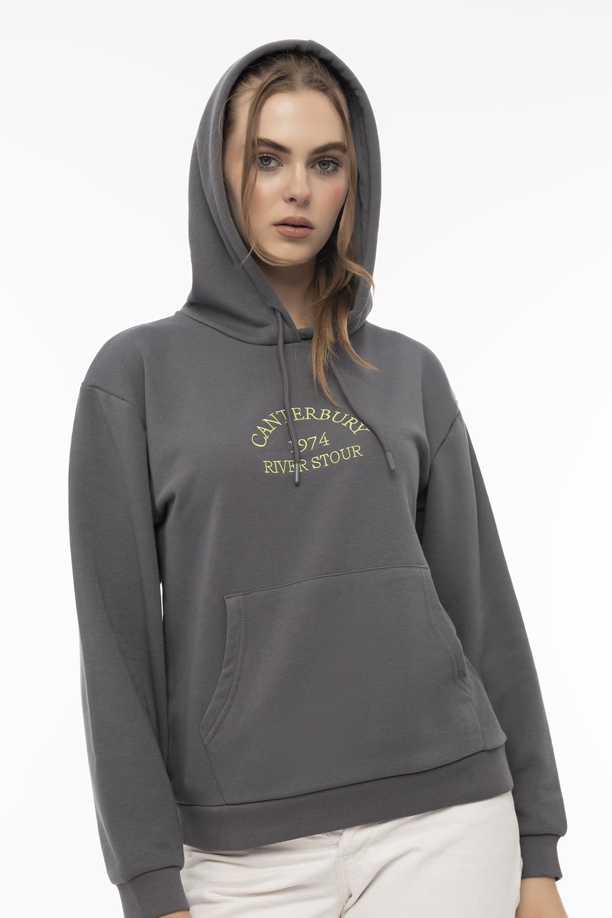 Kadın 3 İplik Şardonsuz Kapüşonlu Sweatshirt Füme