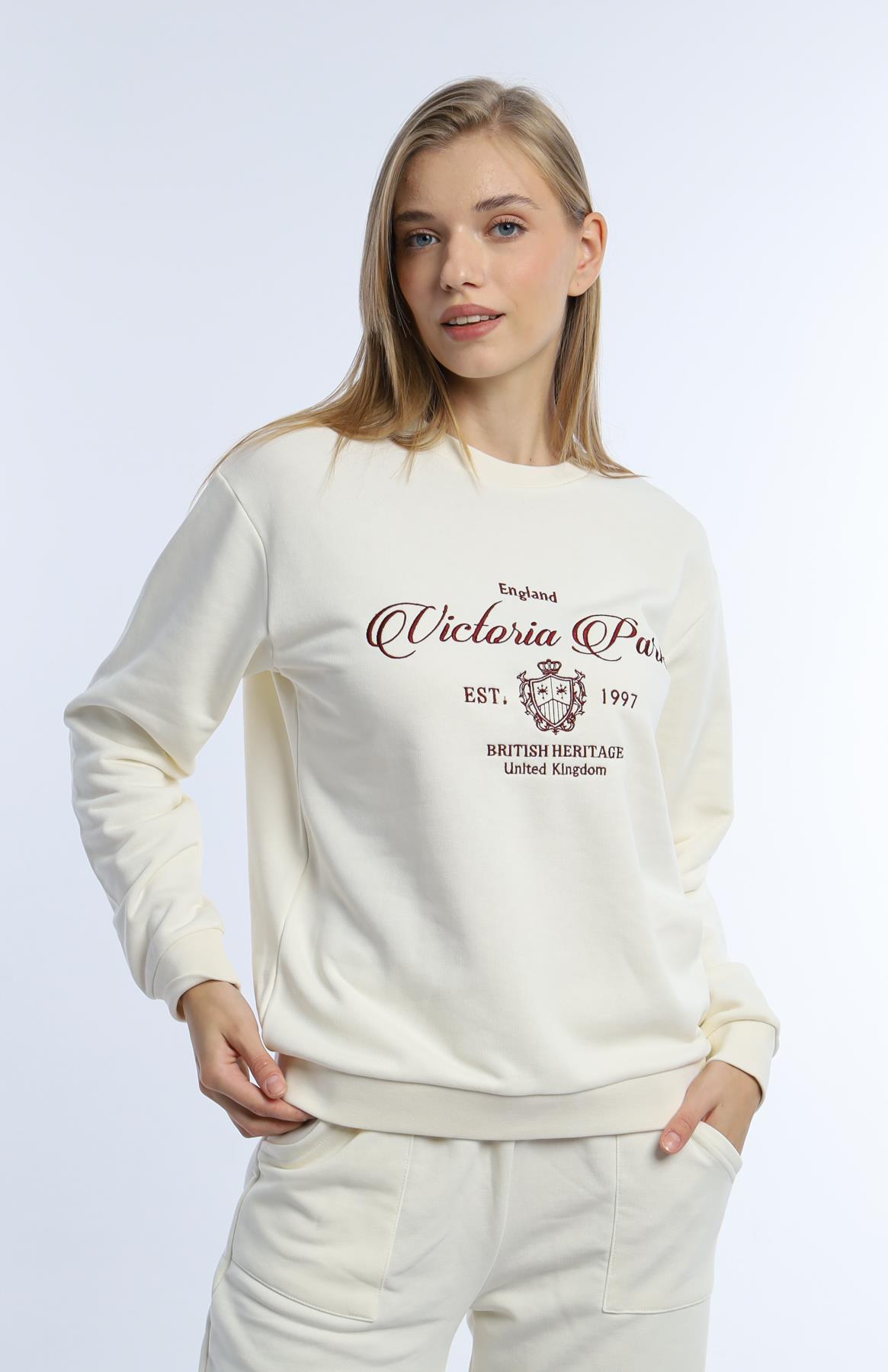 Kadın 3 İplik Şardonsuz United Kingdom Nakışlı Sweatshirt Bordo
