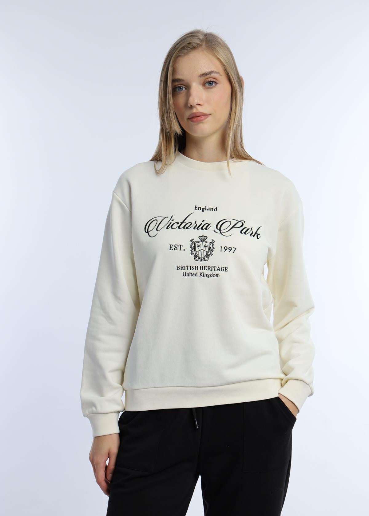 Kadın 3 İplik Şardonsuz United Kingdom Nakışlı Sweatshirt Siyah