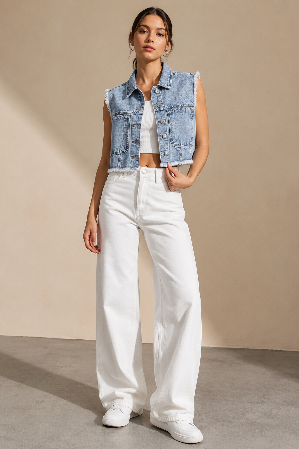 Kadın Açık Mavi Acid Wash Püskül Detaylı Kolsuz Crop Denim Yelek