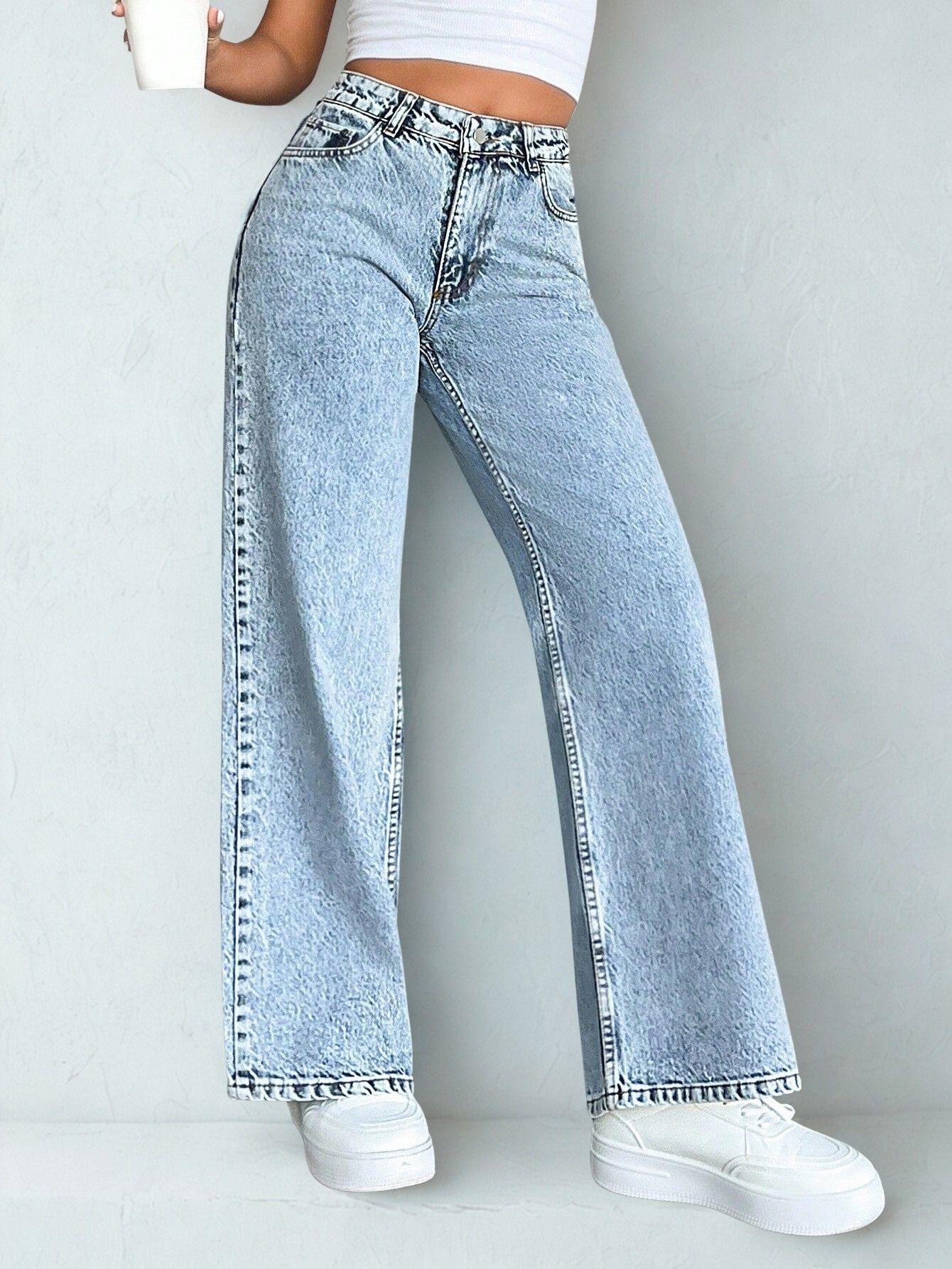 Kadın Açık Mavi Yüksek Bel Bol Paça Kot Pantolon Jeans