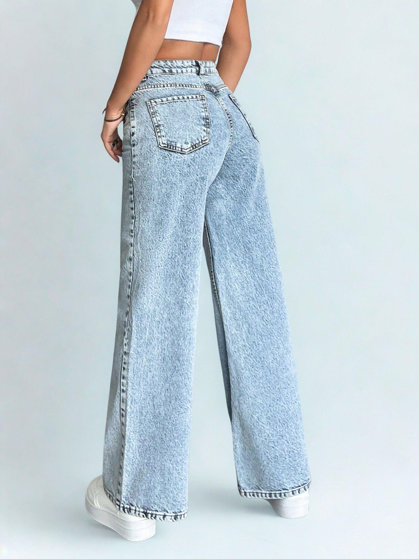 Kadın Açık Mavi Yüksek Bel Bol Paça Kot Pantolon Jeans