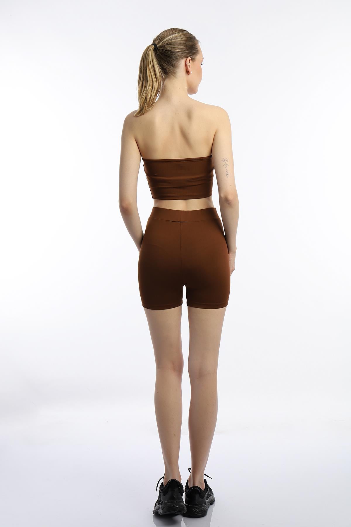 Kadın Allegro Kumaş Askısız Crop Top Kahverengi