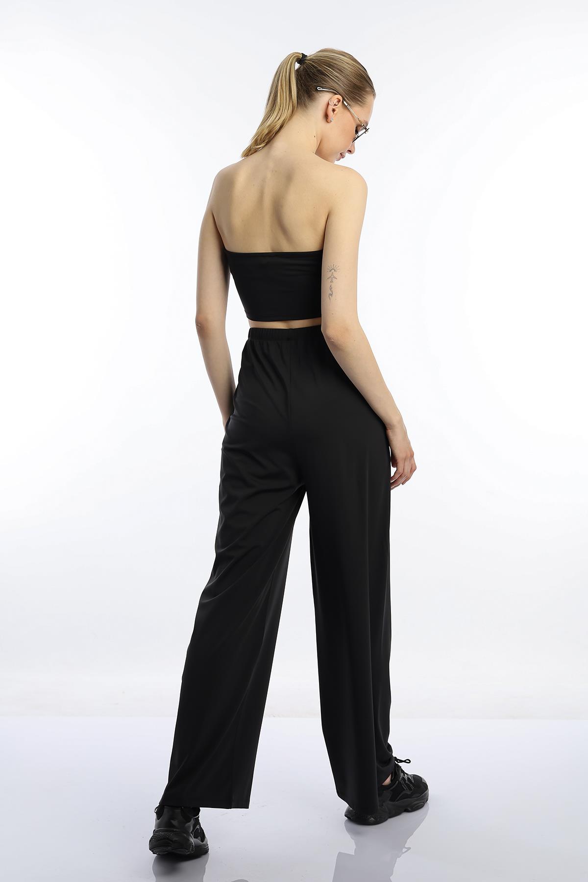 Kadın Allegro Kumaş Askısız Crop Top Siyah