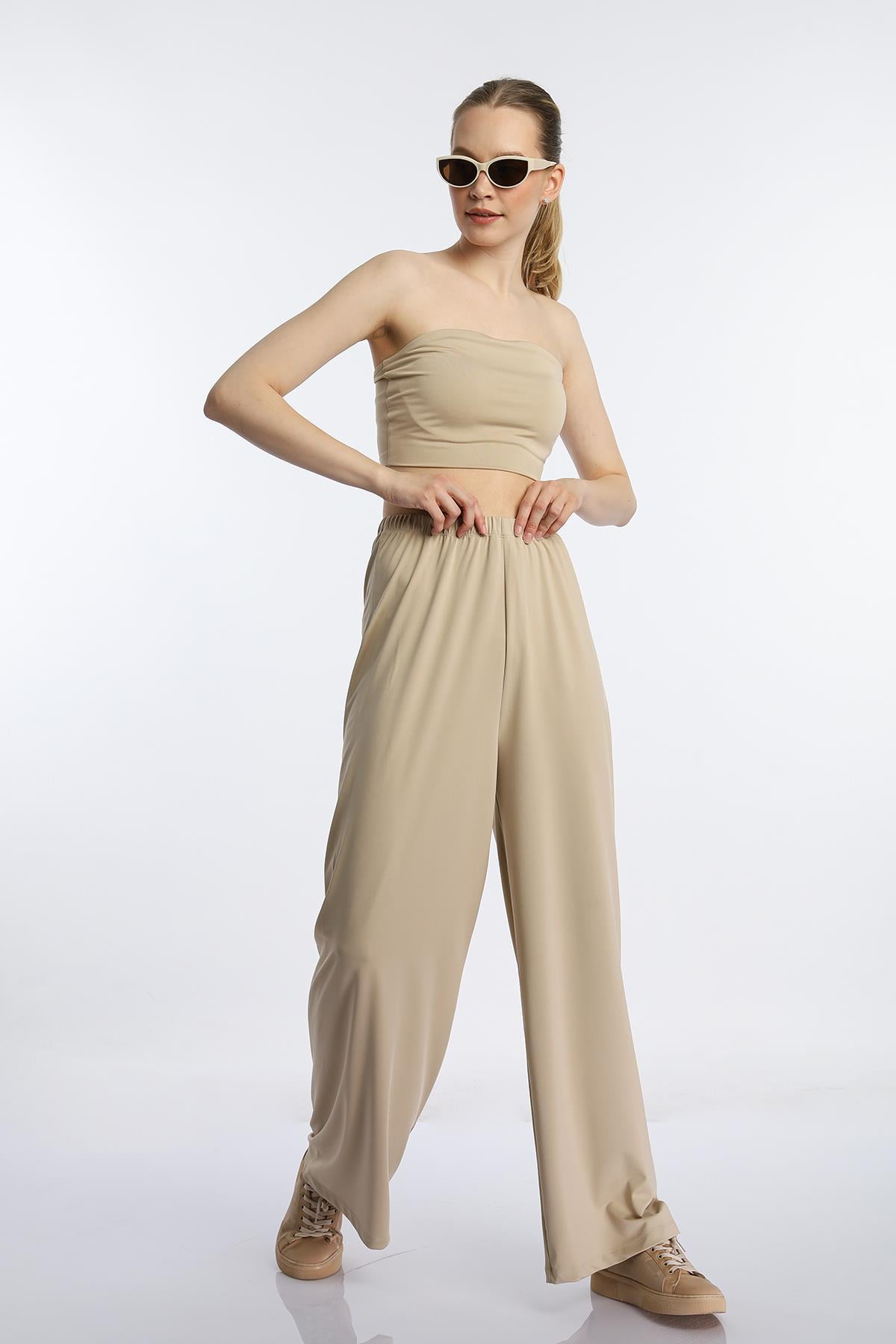 Kadın Allegro Kumaş Askısız Crop Top Vizon