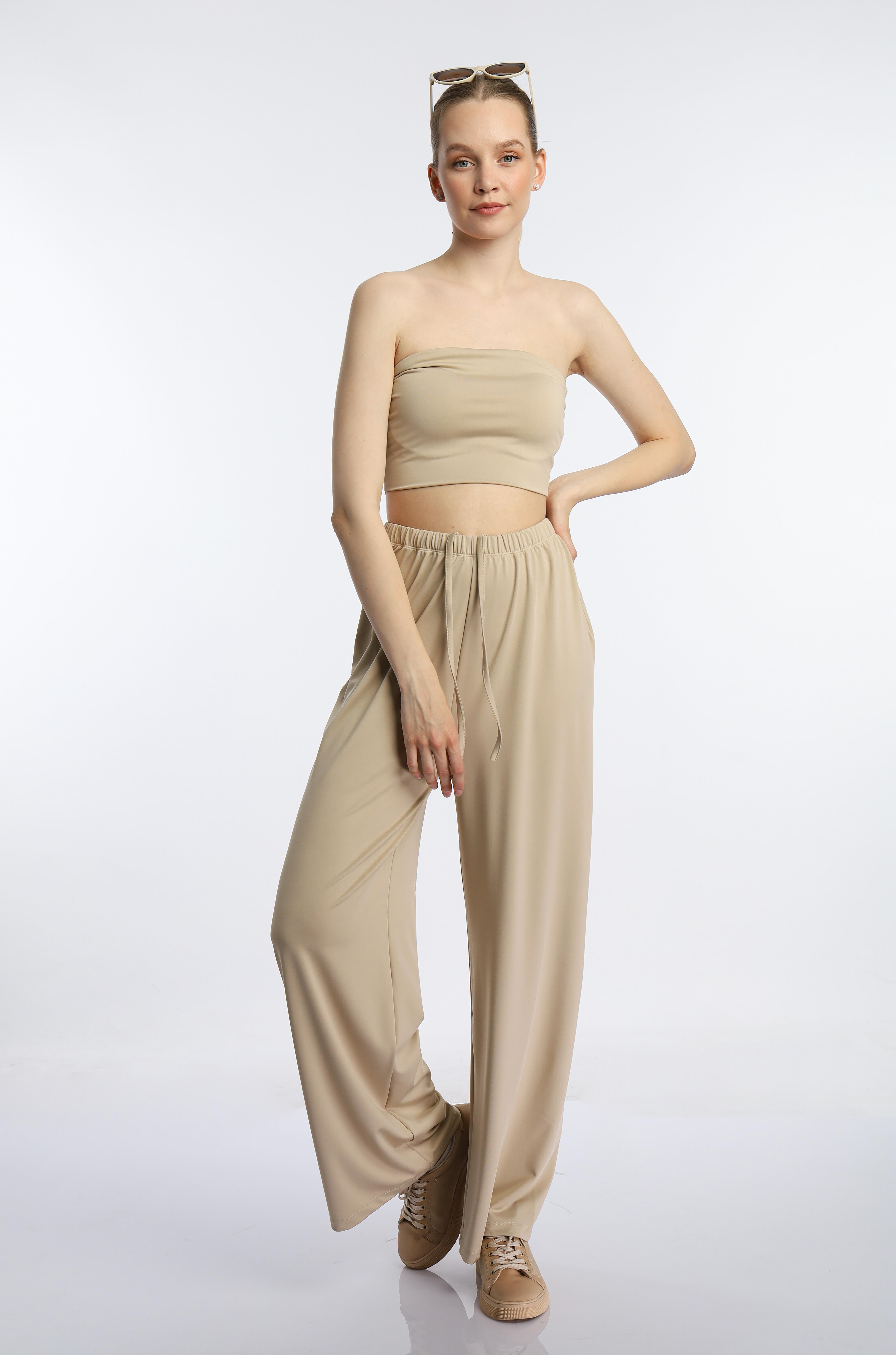 Kadın Allegro Kumaş Askısız Crop Top Vizon